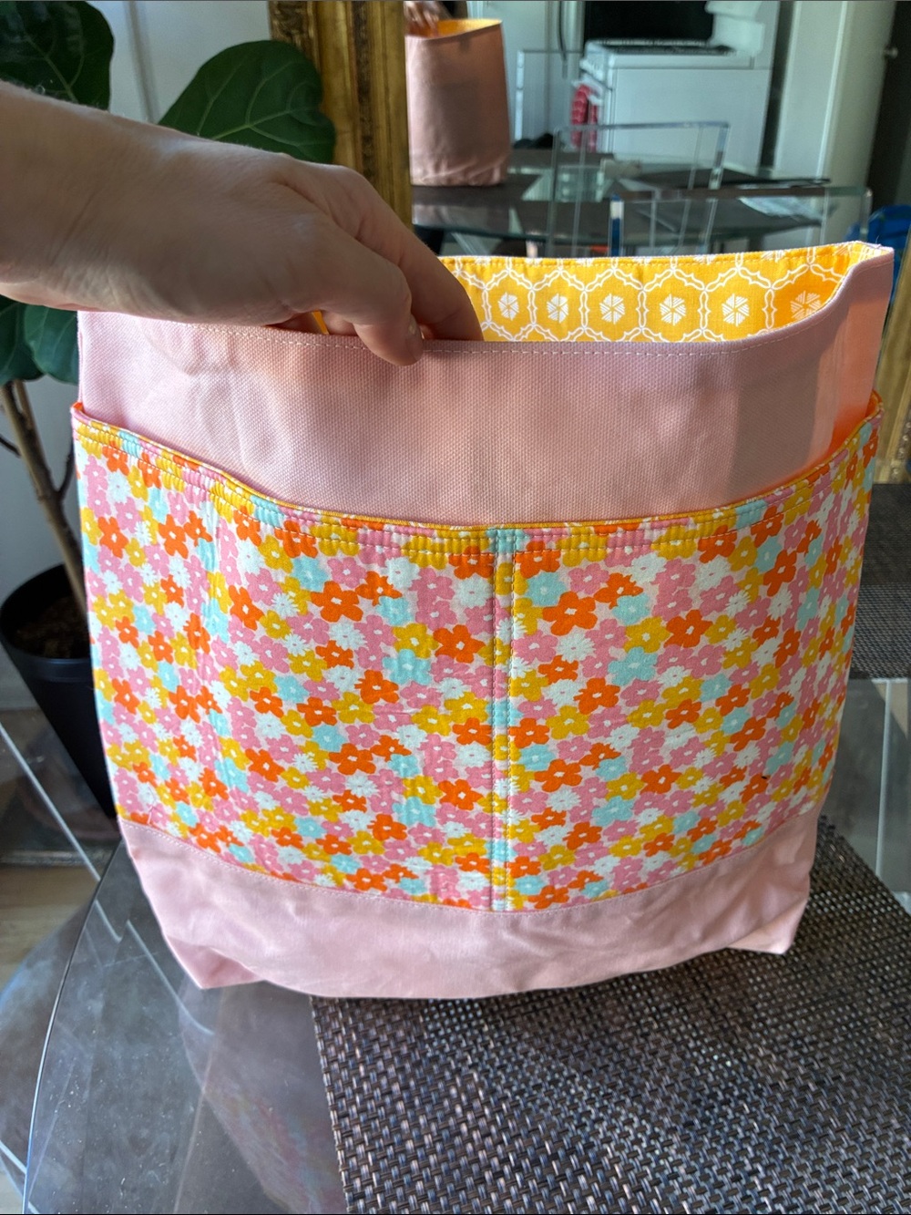 Pink Floral Canvas Tote Bag with Yellow Lining 15x15 inches